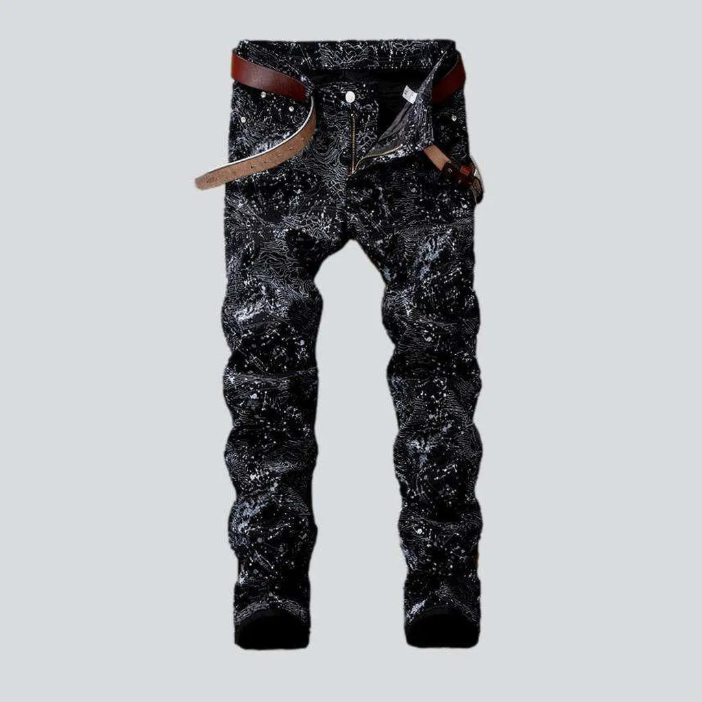 Light Wash Jeans for Casual -Ornament print black men's jeans