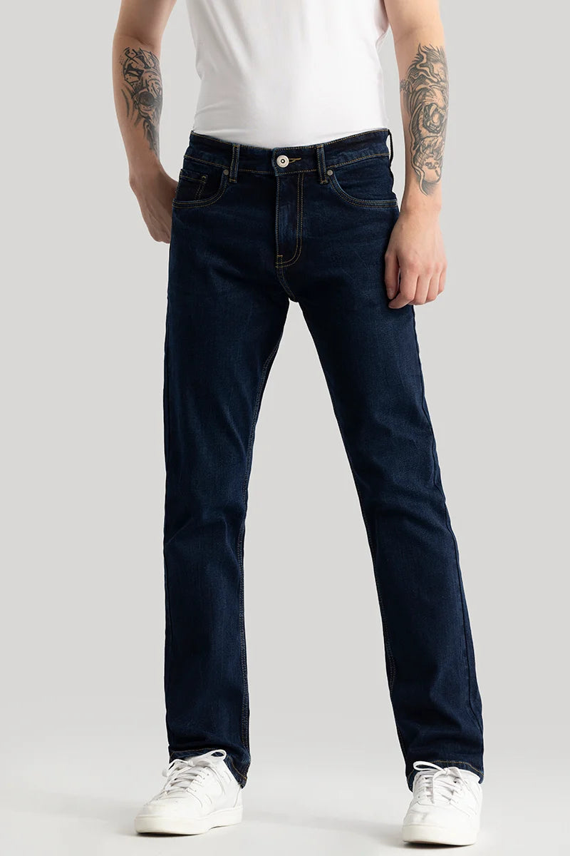 Stonewashed Jeans for Softness -Olivier Navy Plain Straight Fit Jeans