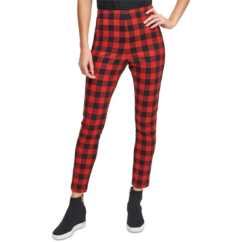 Vintage-inspired tight trousers for women with buttoned waist and retro charm -DKNY Womens Plaid Casual Leggings, Red, Medium