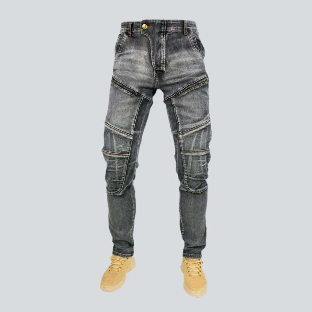 Dark Wash Jeans for Elegance -Knee-pads mid-waist men's riding jeans