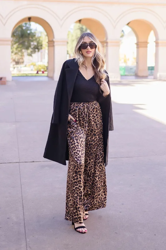 Soft pajama pants for ultimate bedtime comfort -Bradley Leopard Print Wide Leg Drawstring Satin Pants Brown