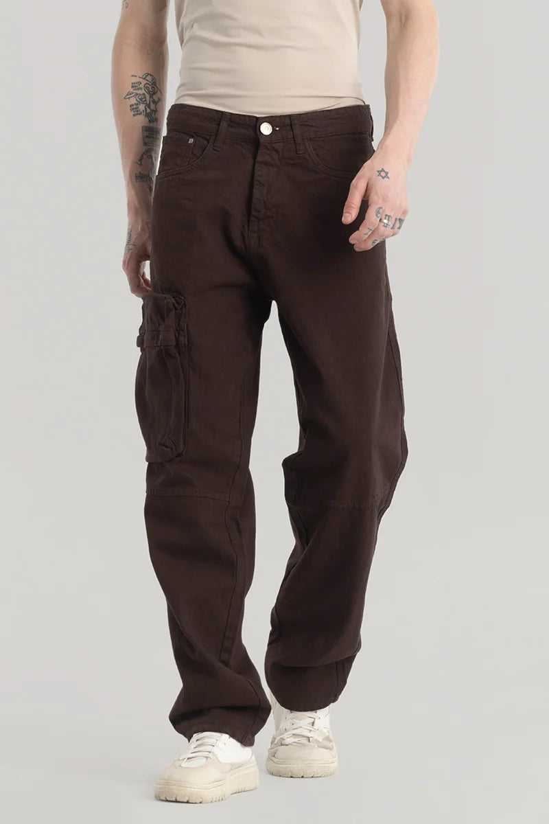 Cropped Jeans for Summer Look -Pockeflex Brown Baggy Cargo Jeans