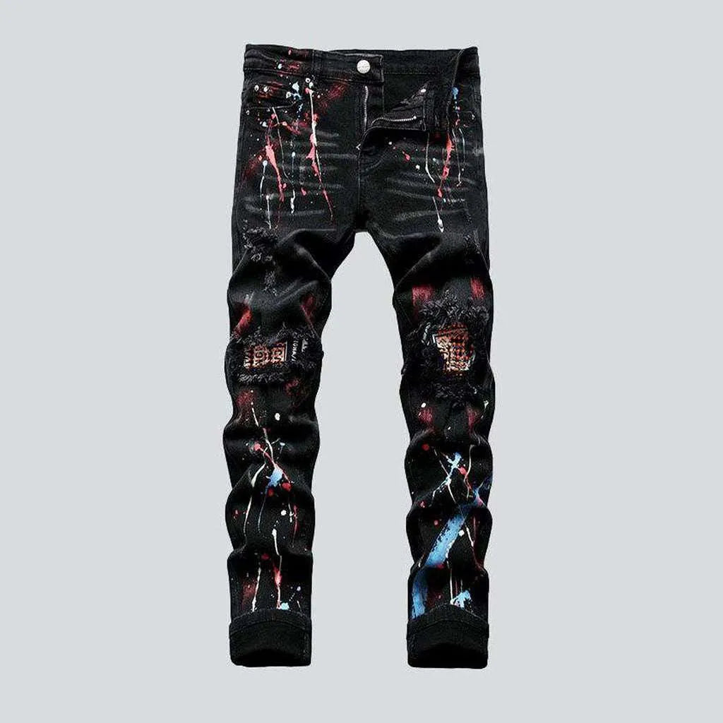 Decorated Back Pocket Jeans for Style -Paint splatter print black jeans