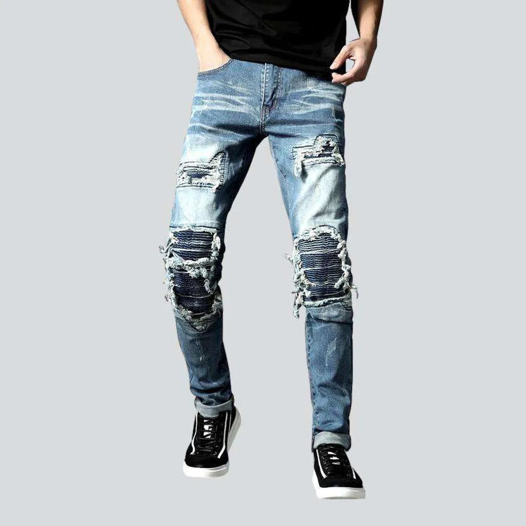 Faded Jeans for Laid-back -Patchwork knees men's biker jeans