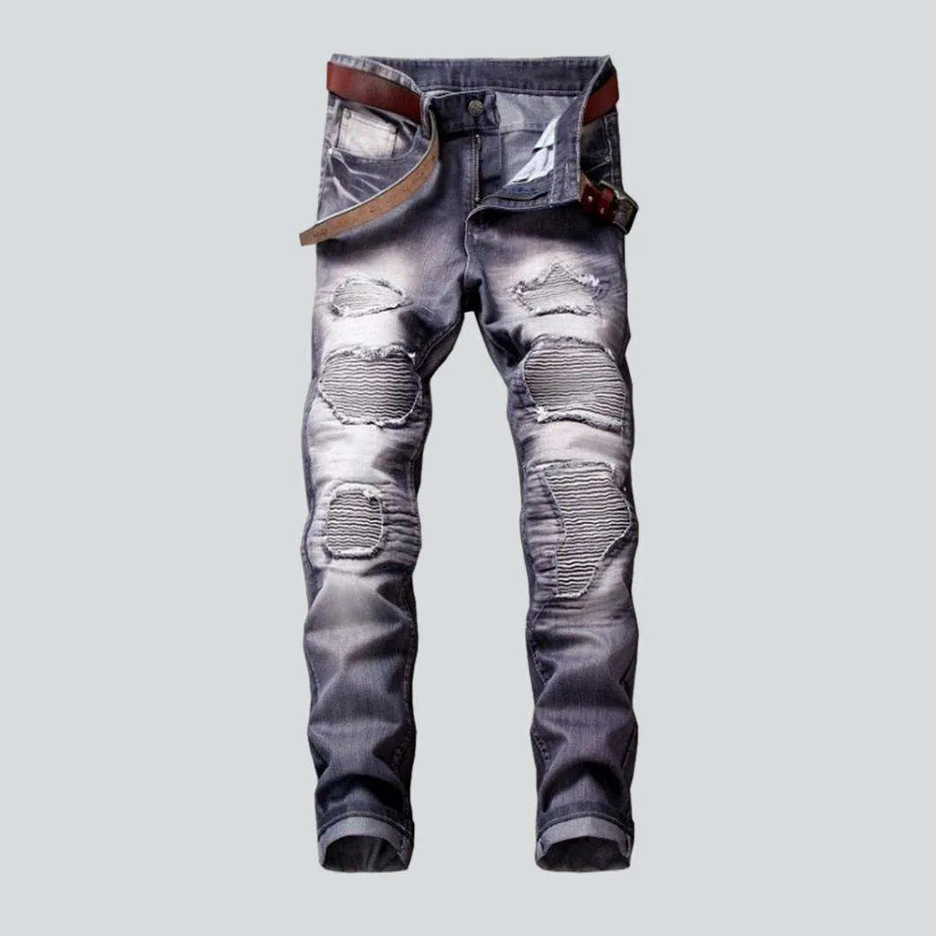 Business Jeans for Dressy -Wrinkled patchwork grey men's jeans