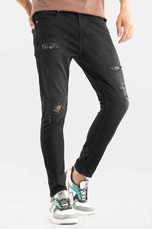 Gym Jeans for Workout -Camo Distressed Raven Black Skinny Jeans