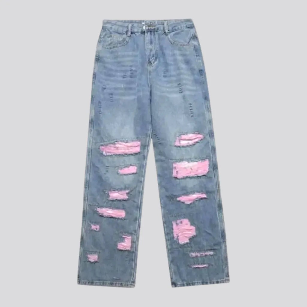 Boyfriend Jeans for Relaxed -Distressed pink patchwork men's jeans