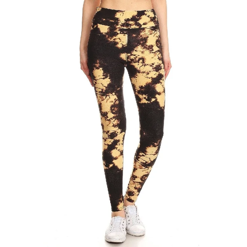 Tapered tight trousers for women with ankle-length fit and minimalist style -Brown Yoga Style Banded Lined Tie Dye Print, Full Length Leggings