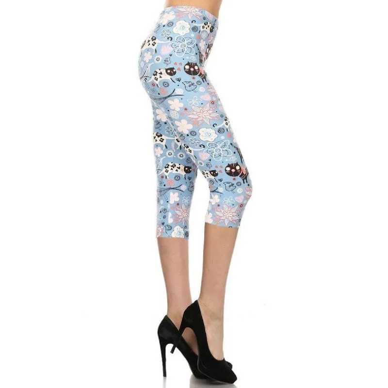 Tight trousers for men with zip fly and flat-front design for a polished look -Cats And Flowers Printed Polyester High-Waist Capri Leggings