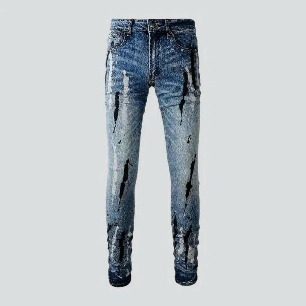 Side Pocket Jeans for Extra -Painted men's light-wash jeans