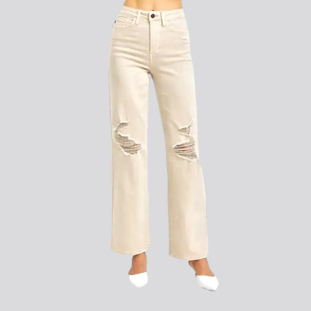 Embellished Back Pocket Jeans for Glamour -Distressed women's sand jeans