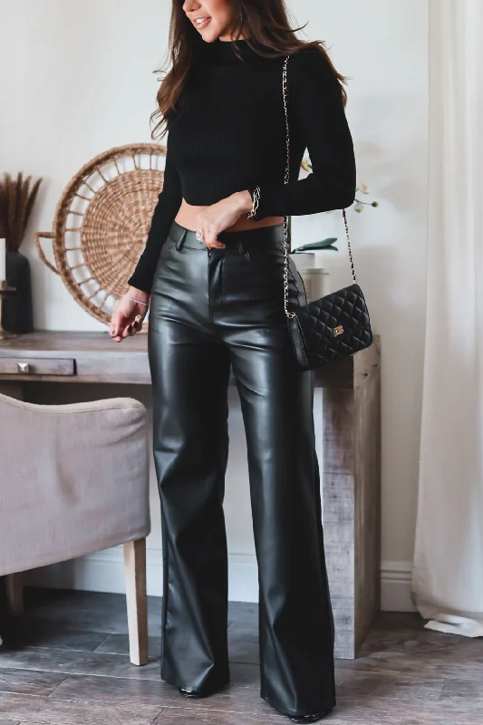 Lightweight jogger pants for summer evening strolls -Charlie Faux Leather Wide Leg Pant- Black