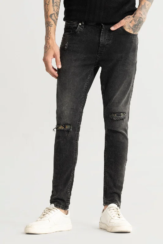 Hiking Jeans for Trail -Camo Distressed Charcoal Black Skinny Jeans