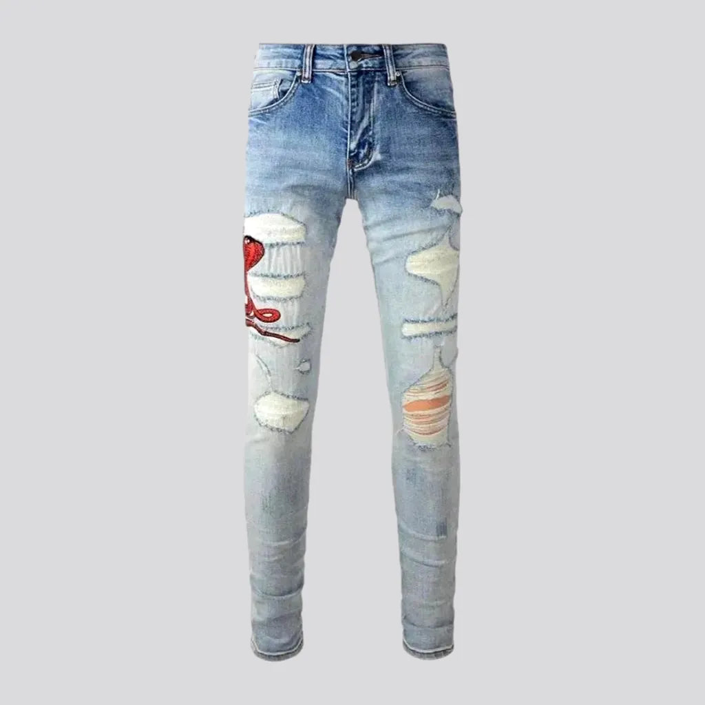 Wide Leg Jeans for Comfort -Sanded embroidered skinny red-cobra men's jeans