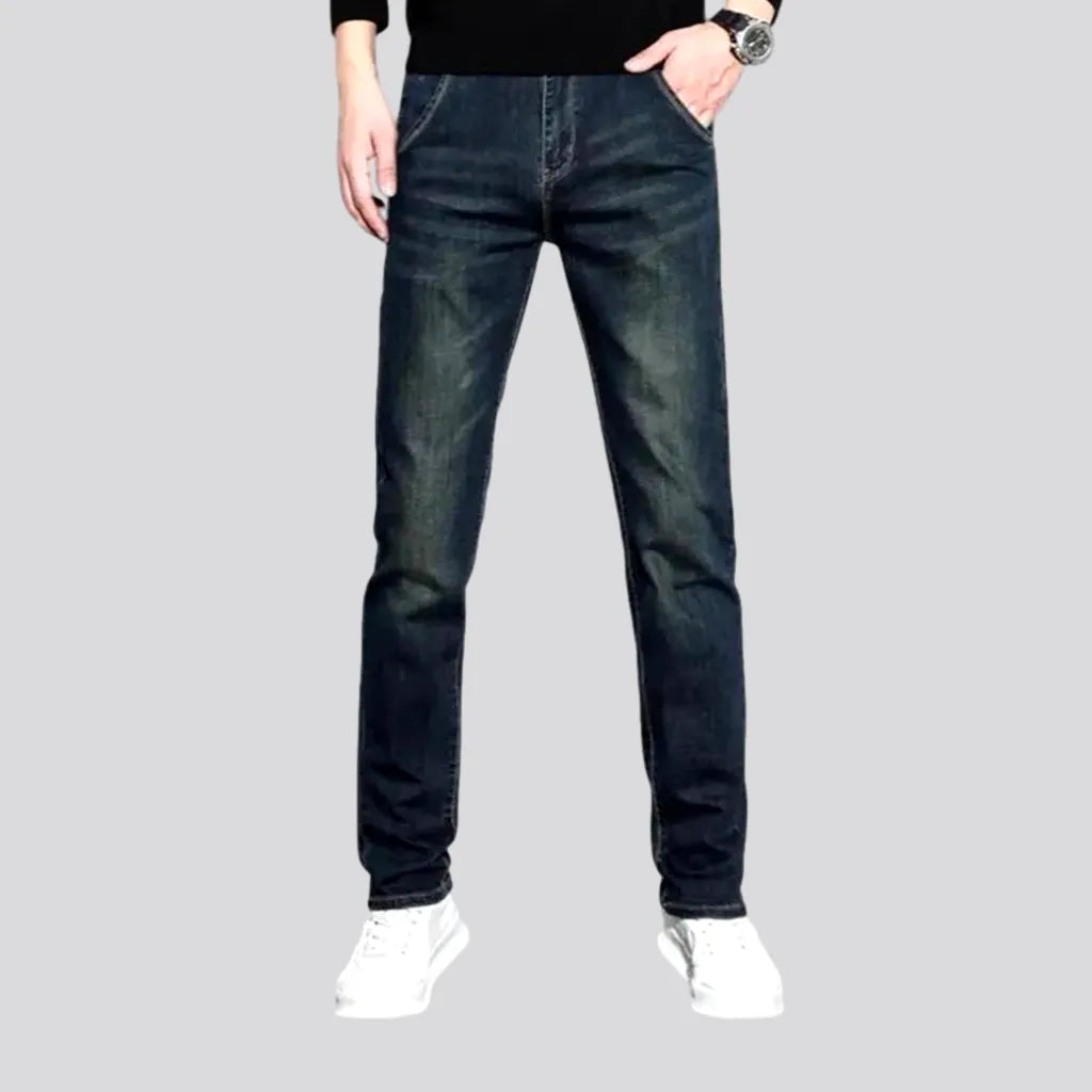 Straight Jeans for Classic Style -Mid rise elastic dark men's jeans