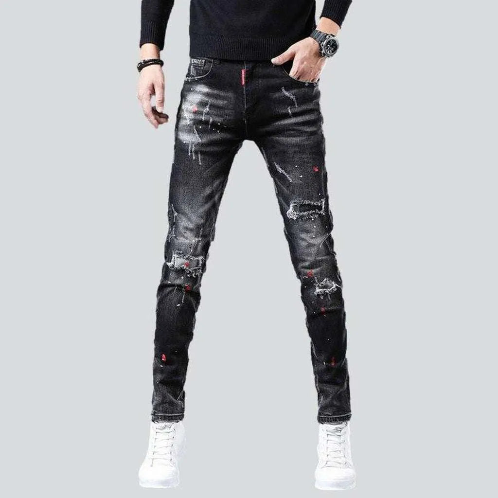 Raw Denim Jeans for Authentic -Ripped slightly painted men's jeans