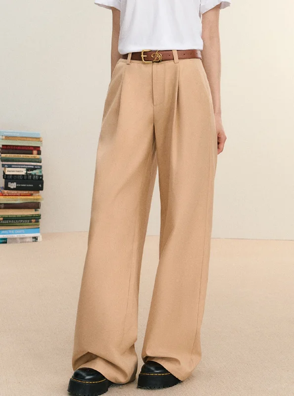 Quick-dry pants for active sports enthusiasts -Camel Wide-Leg Trousers - High-Waisted Pleated Palazzo Pants