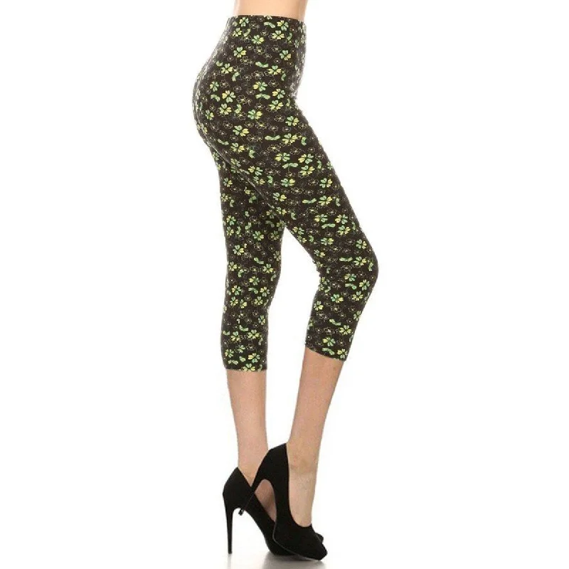 Color-block tight trousers for women with bold contrasts and modern flair -Clover Print, High Rise, Fitted Capri Leggings