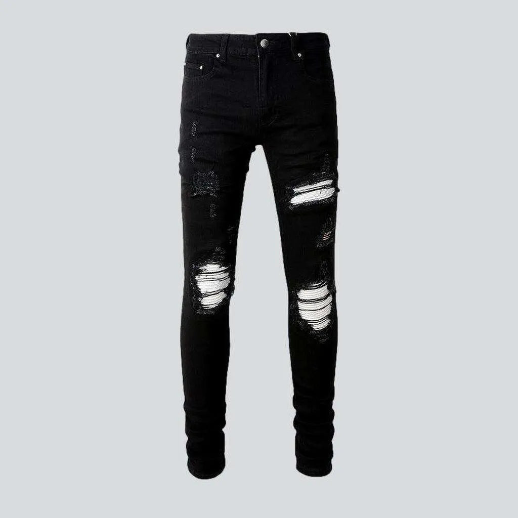 Skinny Jeans for Slim Fit -White patch ripped biker jeans