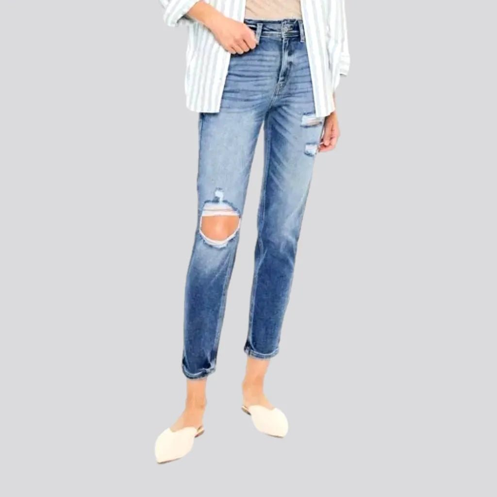 Zipper Fly Jeans for Convenience -Sanded distressed jeans
 for women