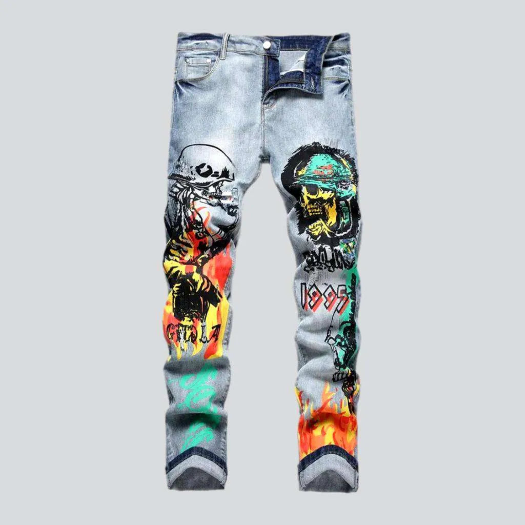 Sustainable Jeans for Eco -Color skull print painted jeans
 for men