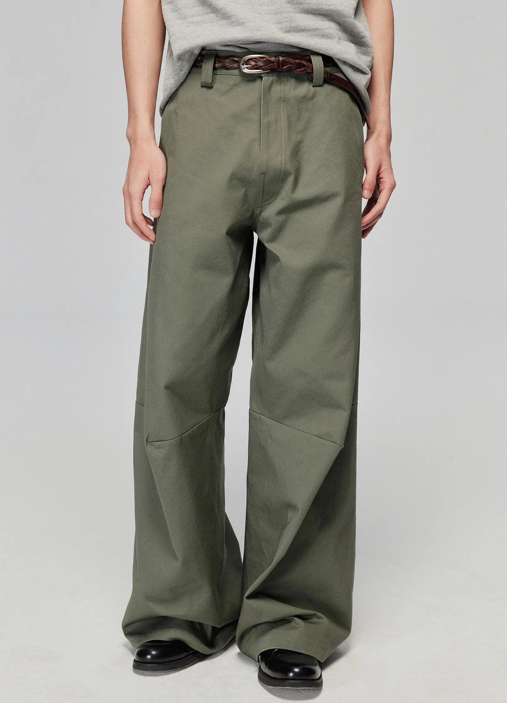 Warm flannel pants for chilly morning lounging -Wide-Leg Cotton Trousers With Darted Knees