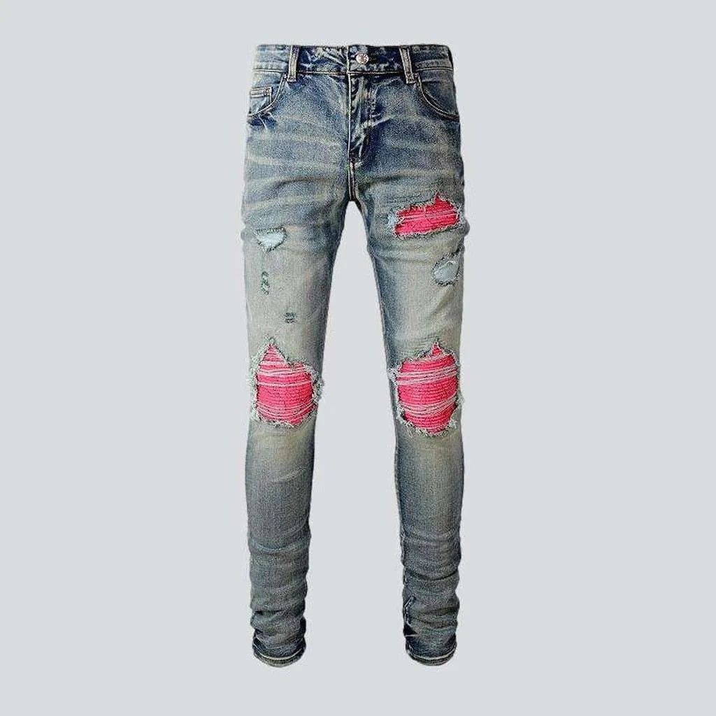 Relaxed Jeans for Comfortable -Pink patchwork knees men's jeans