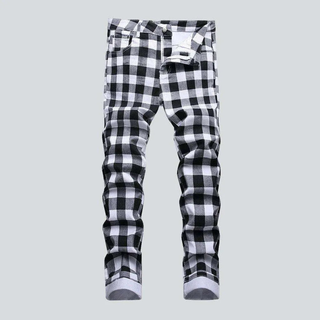 Metal Button Jeans for Classic -Checkered white men's jeans