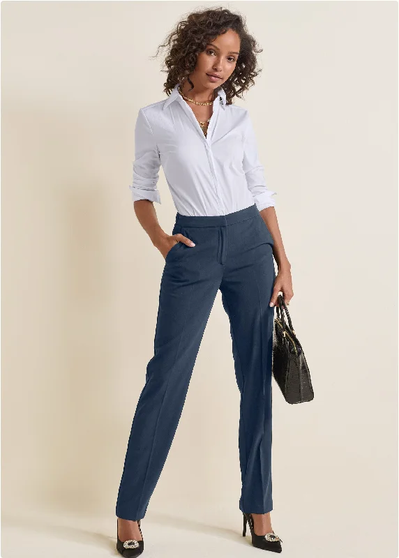 Soft stretch pants for all-day wear ease -High-Rise Straight Trousers - Navy