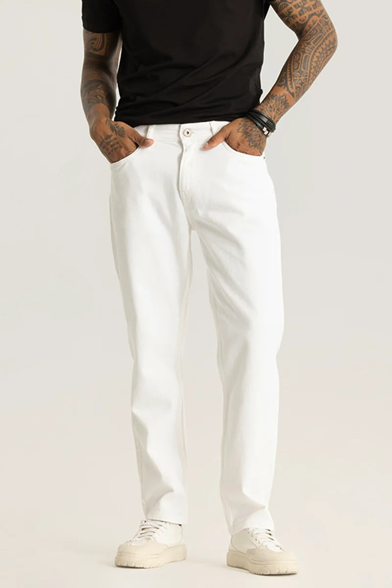 Party Jeans for Night Out -Etienne White Plain Relaxed Fit Jeans