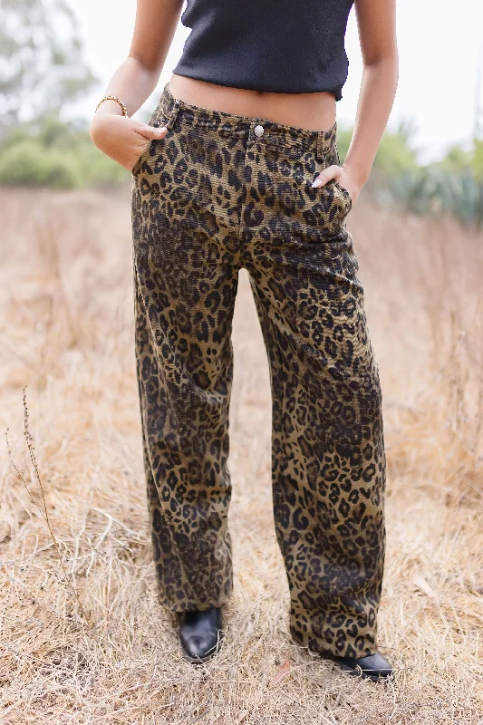 Stylish wide-leg pants for bold evening looks -Giselle Mid Rise Leopard Print Denim Pants Brown