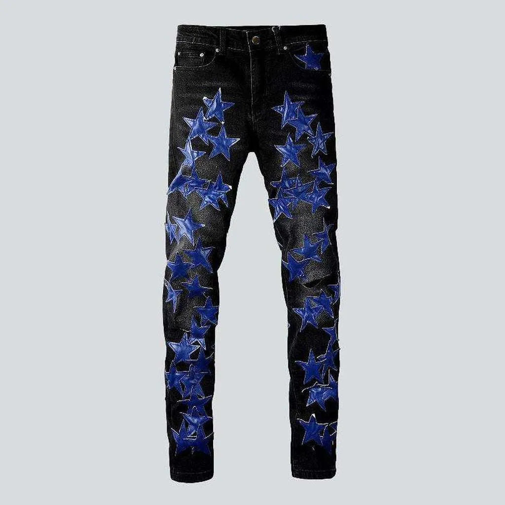 Cargo Jeans for Utility -Blue star embroidery black jeans