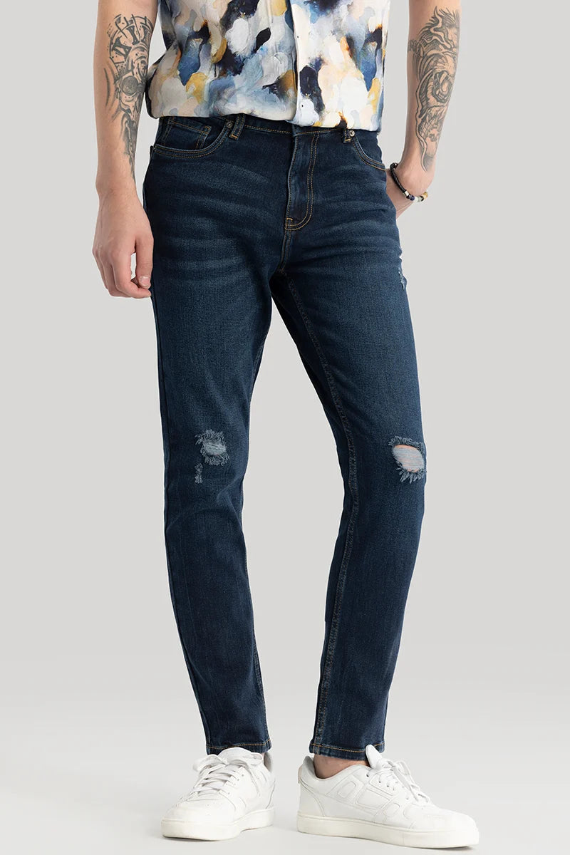 Colored Jeans for Variety -Pascaline Navy Distressed Slim Fit Jeans