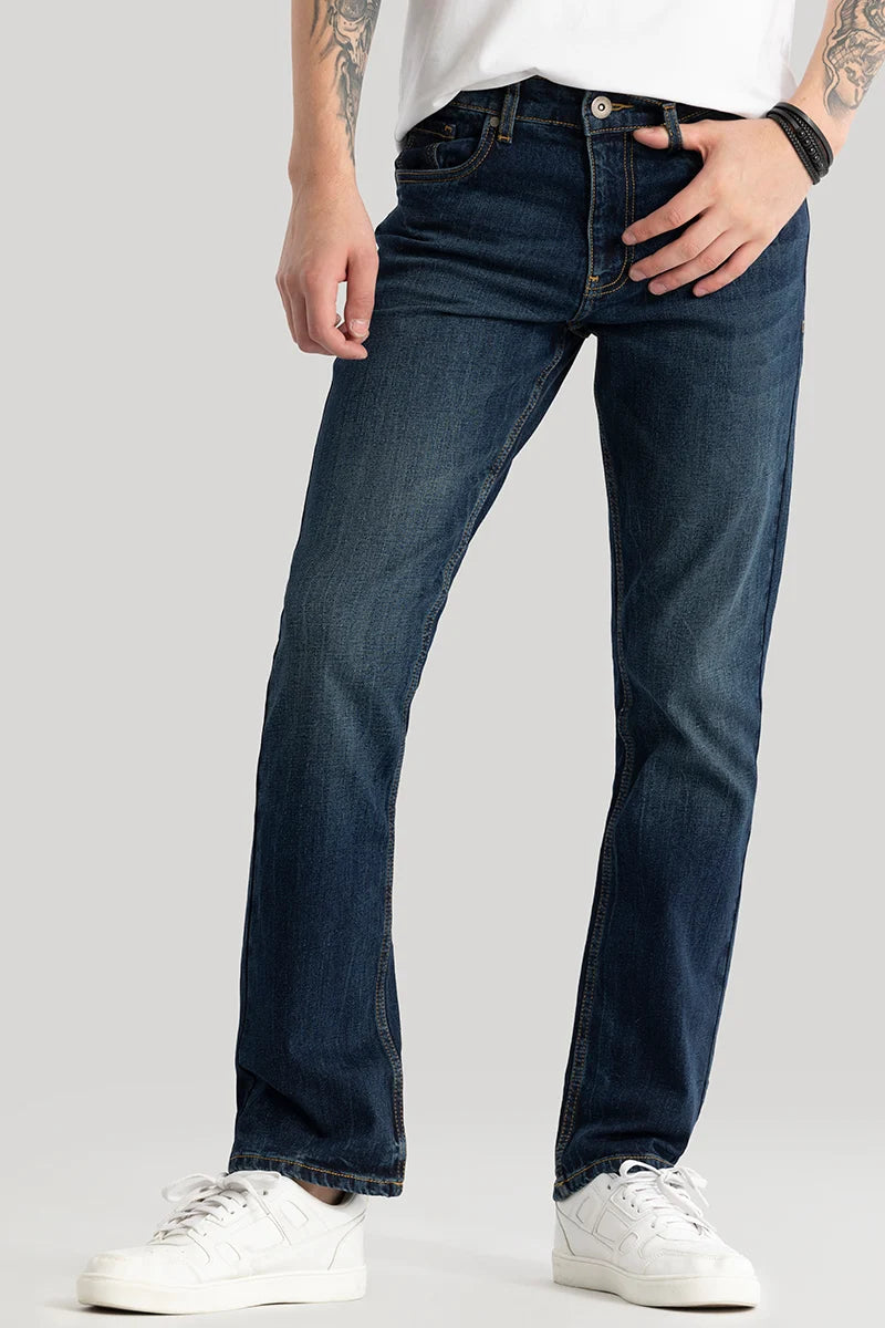 Faded Jeans for Laid-back -Olivier Dark Blue Plain Straight Fit Jeans