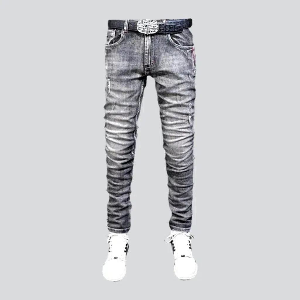 Raw Hem Jeans for Trendy -Mid-waist men's grey jeans