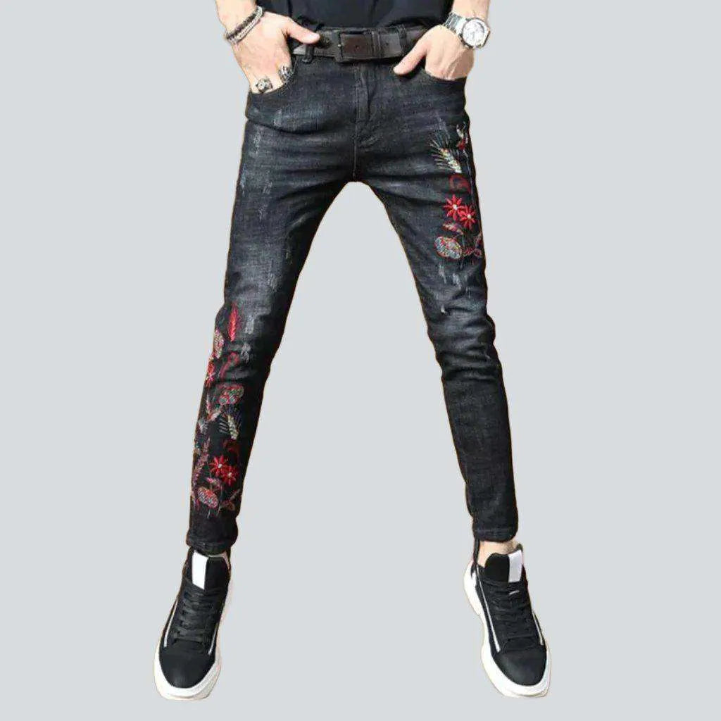 Gym Jeans for Workout -Red embroidery skinny men's jeans