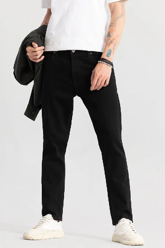 Decorated Back Pocket Jeans for Style -Drogue Jet Black Slim Fit Jeans