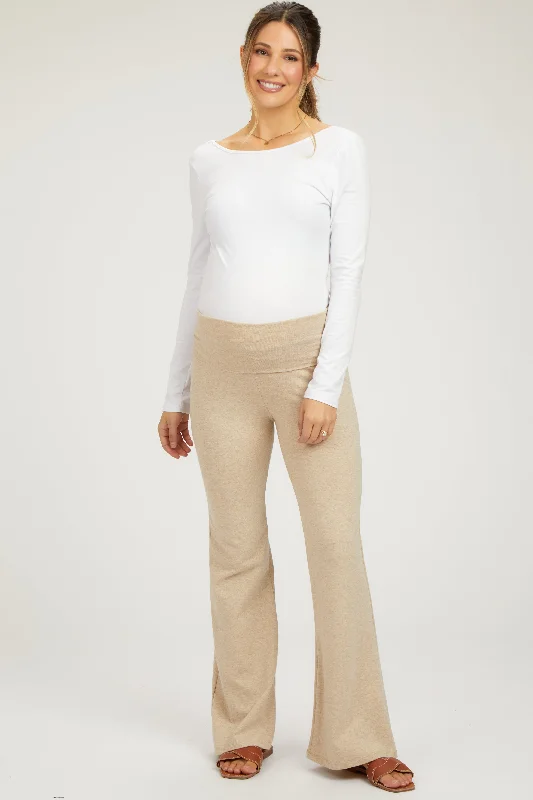 Skinny fit tight trousers for women with minimalistic design for clean look -Beige Heathered Flare Leg Fold Over Maternity Leggings