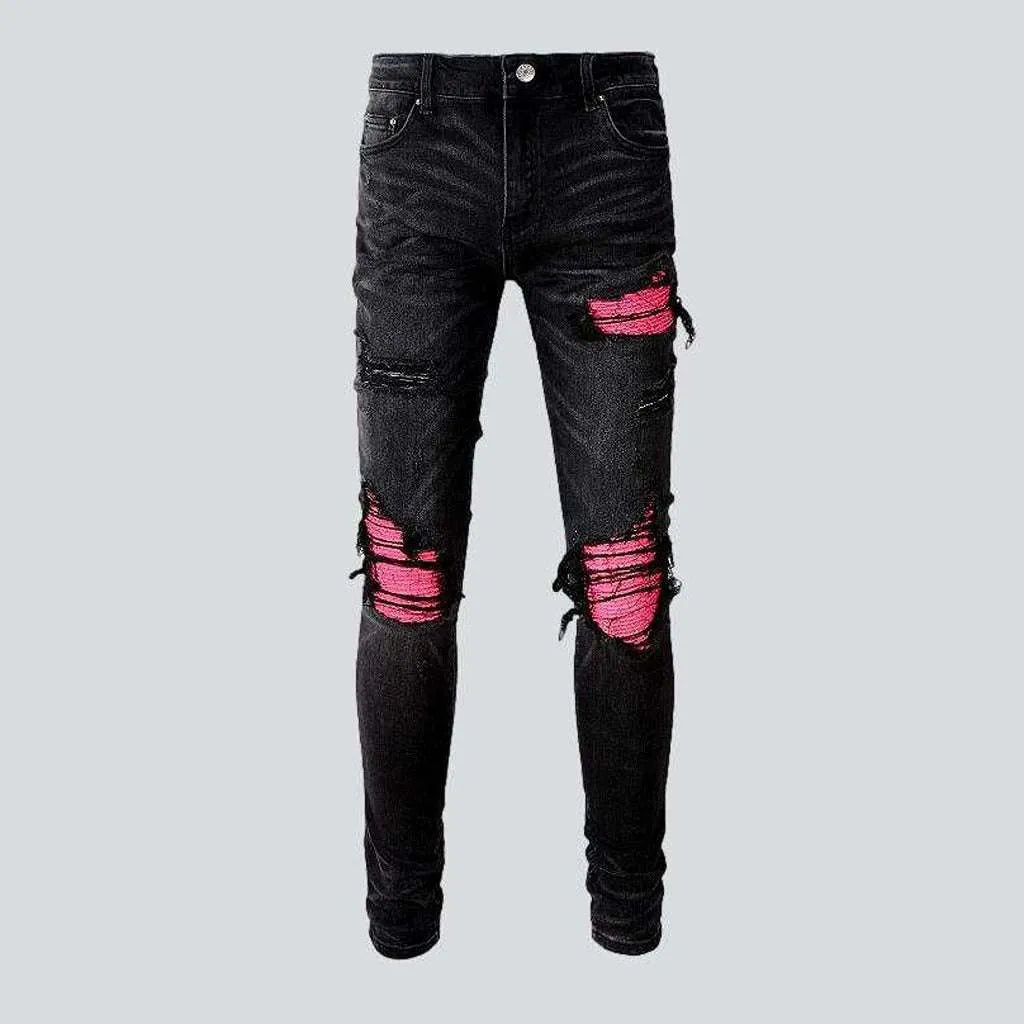 Party Jeans for Night Out -Pink patch men's biker jeans