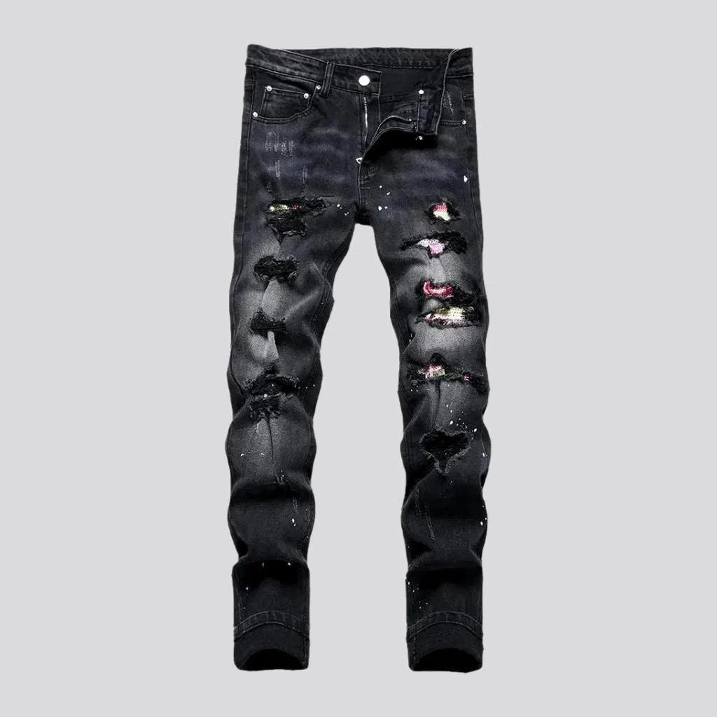 Decorated Back Pocket Jeans for Style -Grey men's y2k jeans