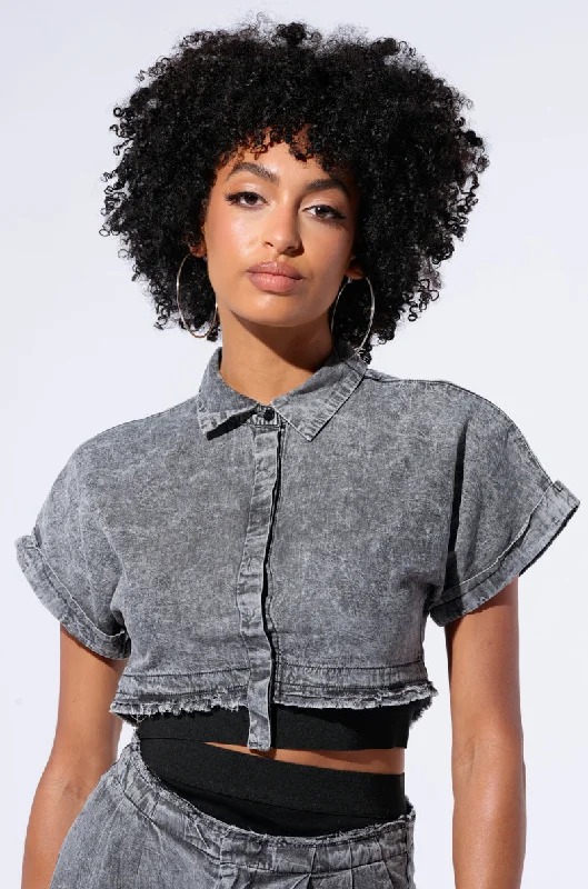 Weekend Blouses for Leisure -MIDDAY PARK DATE CROPPED BUTTON DOWN SHIRT IN GREY