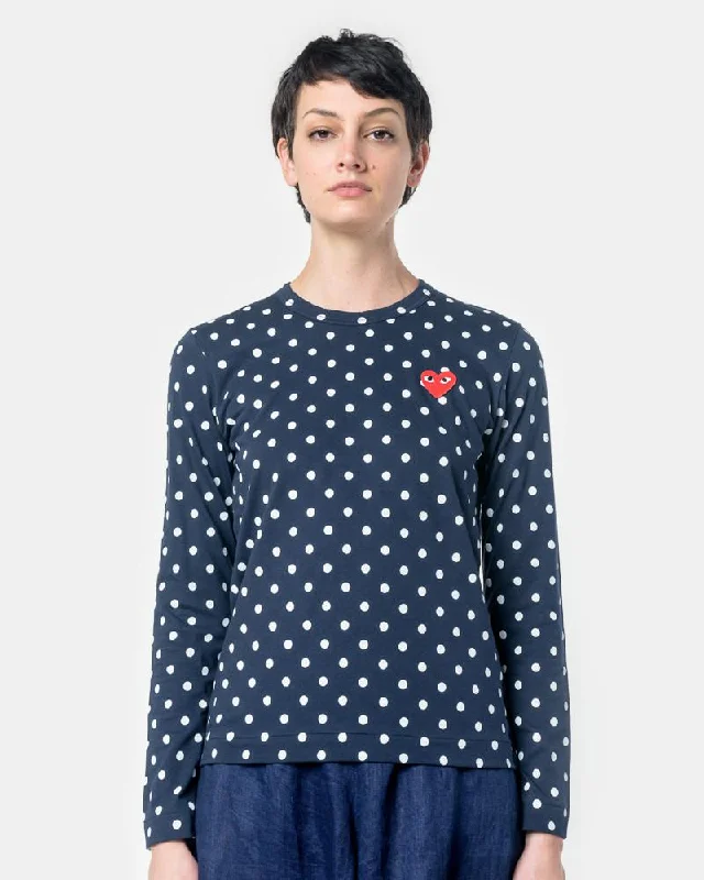 Striped Shirts for Fashion -Long Sleeved Polka Dot T-Shirt with Red Heart in Navy/White