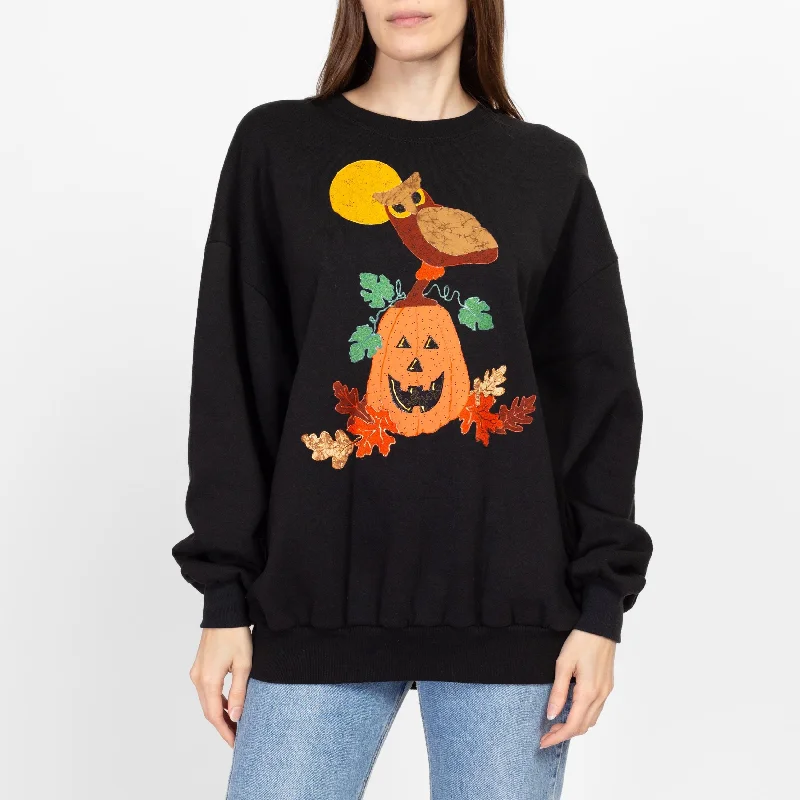 Minimalist Blouses for Simplicity -XL 90s Halloween Jack-O-Lantern & Owl Sweatshirt Unisex