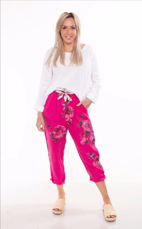 Color-block tight trousers for women with bold contrasts and modern flair -Italian Cartel Positano Floral Pants Fushcia