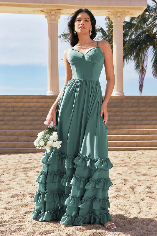 Vintage Dresses for Nostalgia -Eucalyptus A-Line Corset Ruched Chiffon Long Bridesmaid Dress with Slit