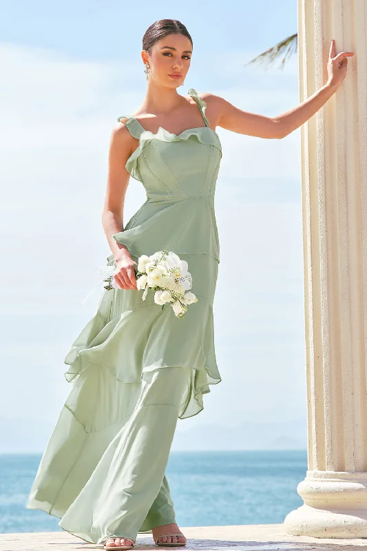 Ruffled Dresses for Girly -Light Green A-Line Tiered Chiffon Corset Long Bridesmaid Dress