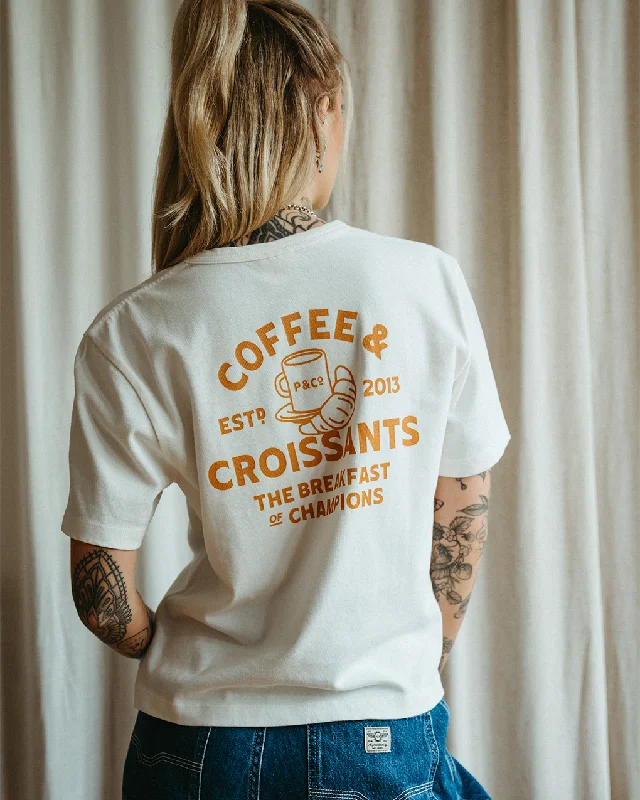 Screw Back Blouses for Security -Coffee & Croissants T-Shirt - Off White