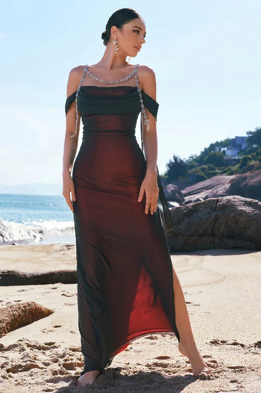 Gothic Dresses with Dark Tone -Black Red Mermaid Cold Shoulder Long Bridesmaid Dress