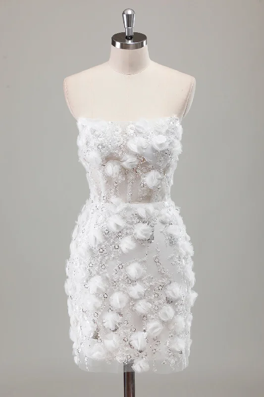 Halter Dresses for Chic Style -Ivory Strapless Beaded Tight Short Wedding Dress with Appliques