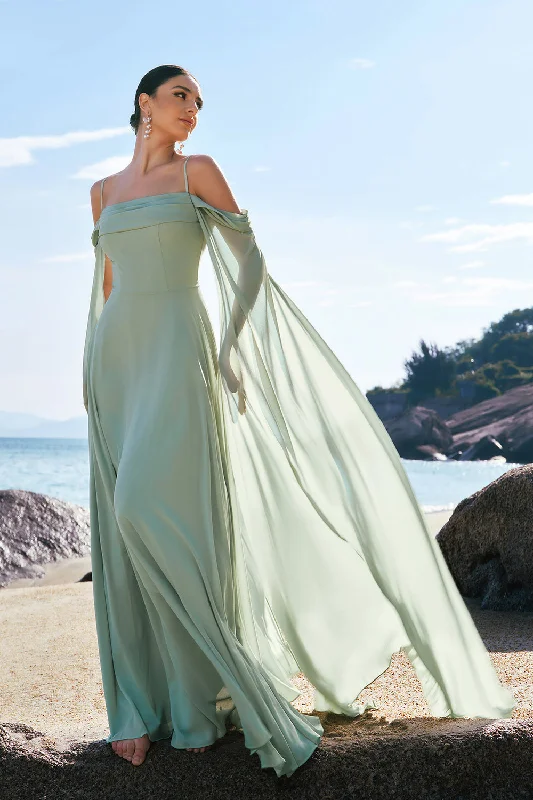 Bohemian Dresses with Tassels -Light Green Cold Shoulder Detachable Sleeves Chiffon Bridesmaid Dress